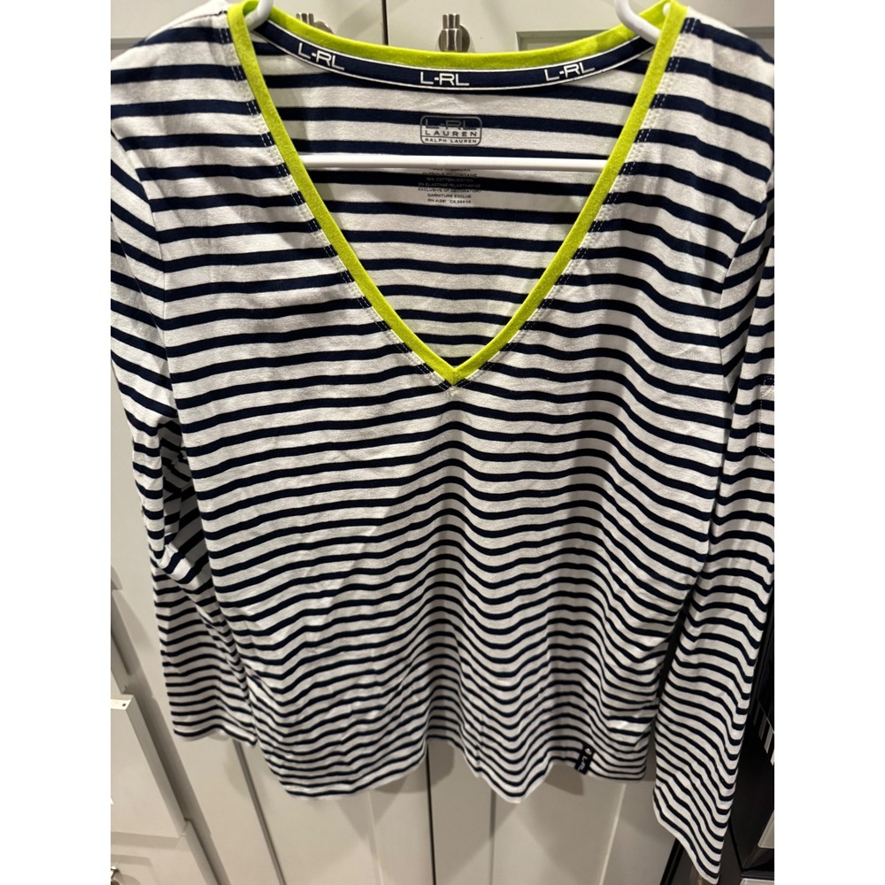 Lauren Ralph Lauren Womens Navy White Striped V-Neck Long Sleeve Top Neon Trim L